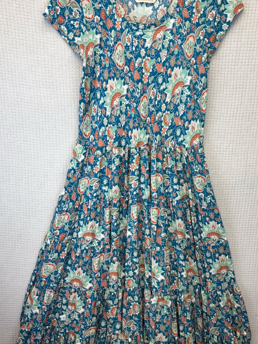 Soft Surroundings Kara Tiered Midi Dress XL Blue Orange Floral Boho Cottagecore - Picture 2 of 9